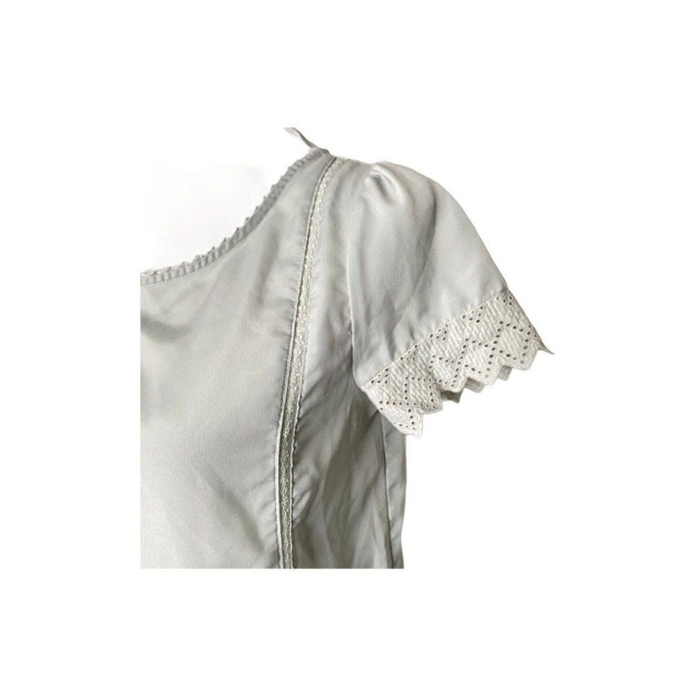 Cottagecore Coquette Eyelet Lace Satin Blouse Puff Sleeve Crochet Pleated S Grey