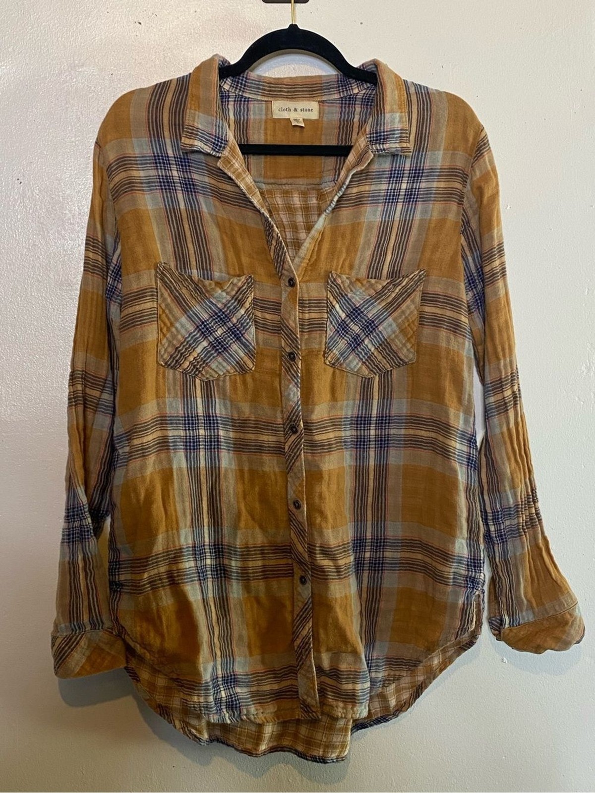 Cloth & Stone Womens Mustard‎ Yellow Plaid Cotton Gauze Button Down Shirt L