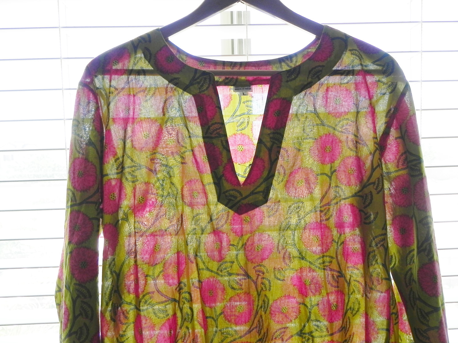 Made in India Tunic Top Slit Sides Multi-Color 3/4 Sleeve Rayon Floral L(US M)