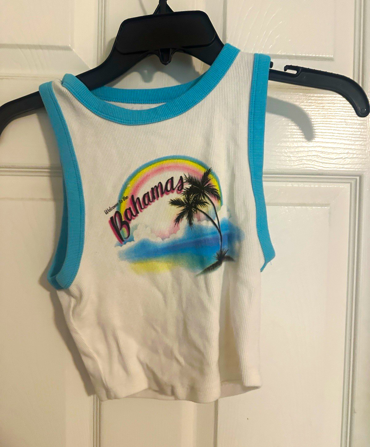 Garage TP/XS White/Blue Ribbed Knit Contrast Trim Graphic Cropped Tank Top