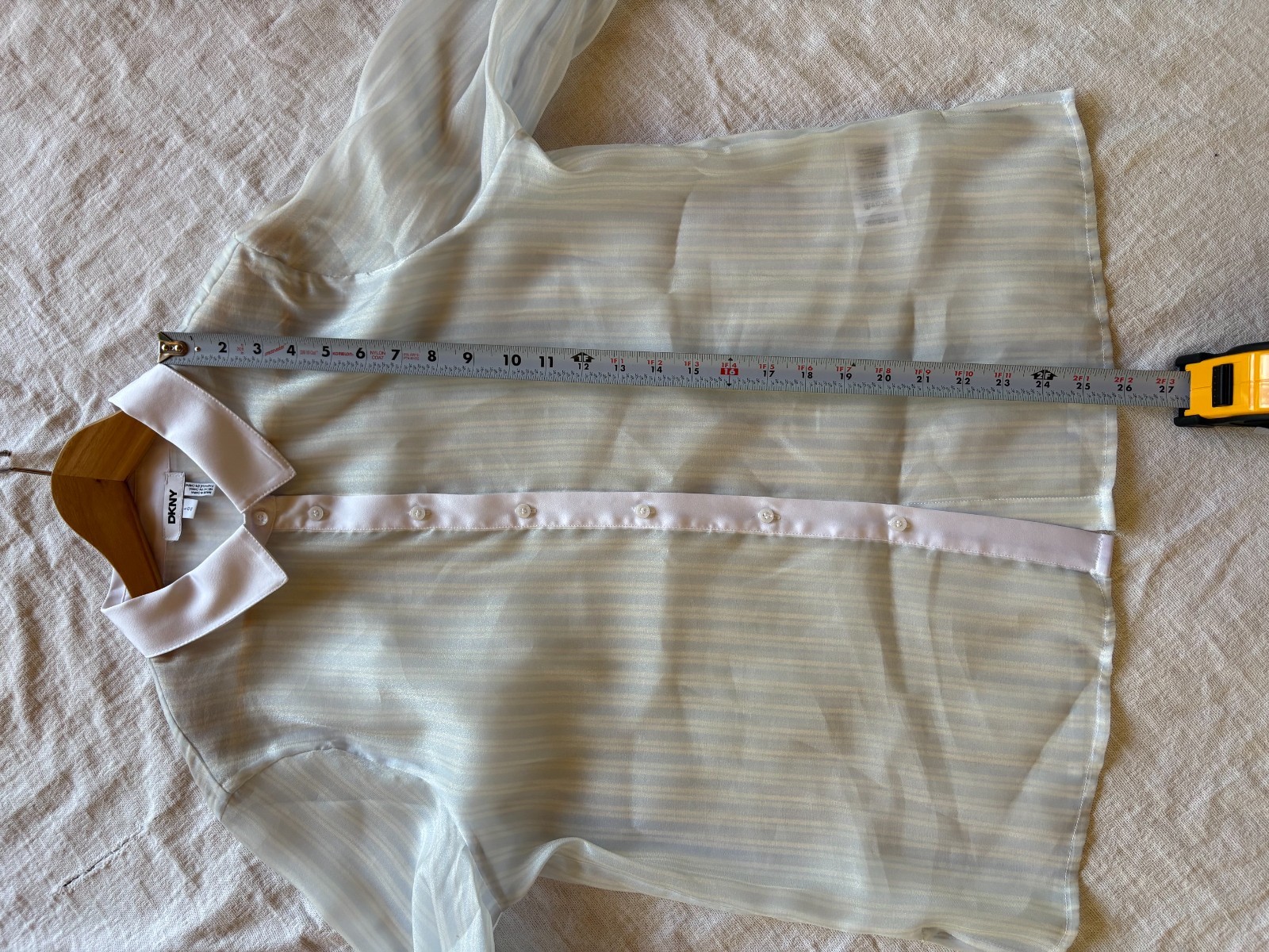 DKNY Pale Aqua Striped Sheer Organza Button Front Shirt, Size Large