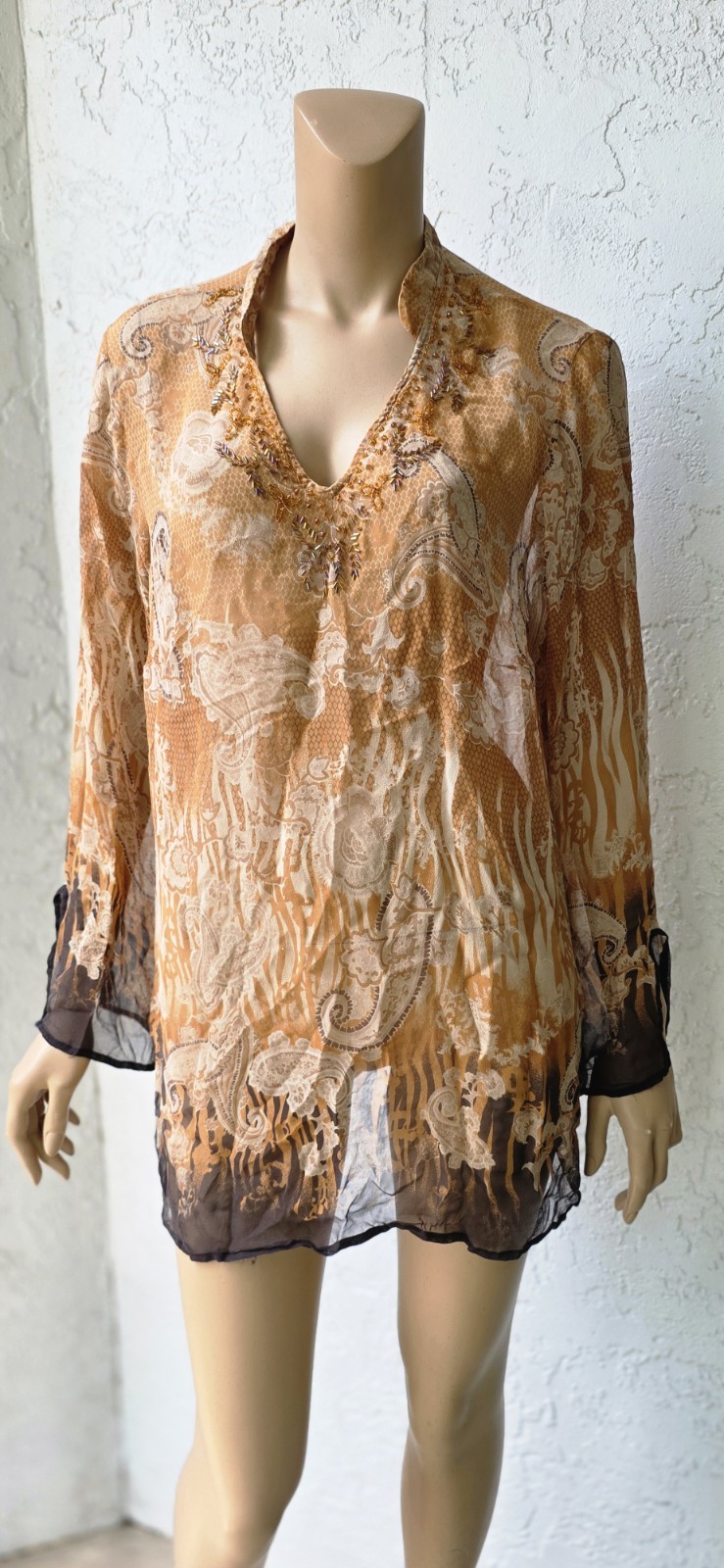 Signature By Robbie Bee Silk Coverup Tunic 20W Beaded Sheer Abstract Artsy