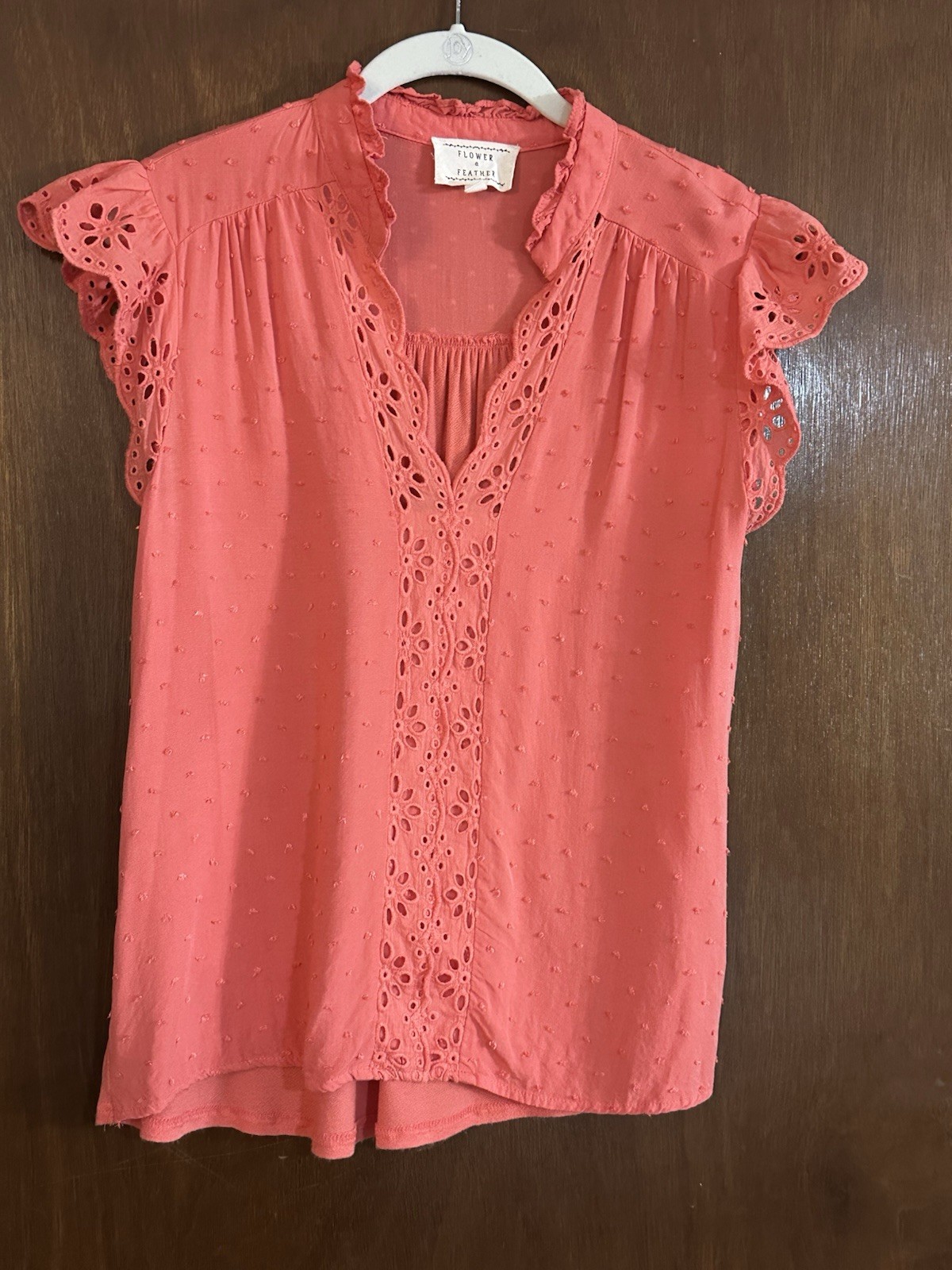 Flower & Feather | Coral Eyelet Top Flutter Sleeve Split V-Neck Blouse | Small