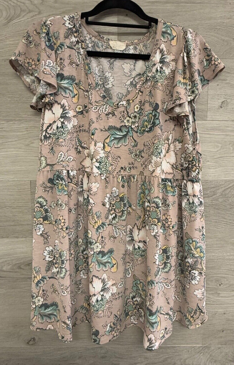 Be Stage Blouse Womens Extra Large Taupe Green Floral Ruched Tunic Length V-Neck