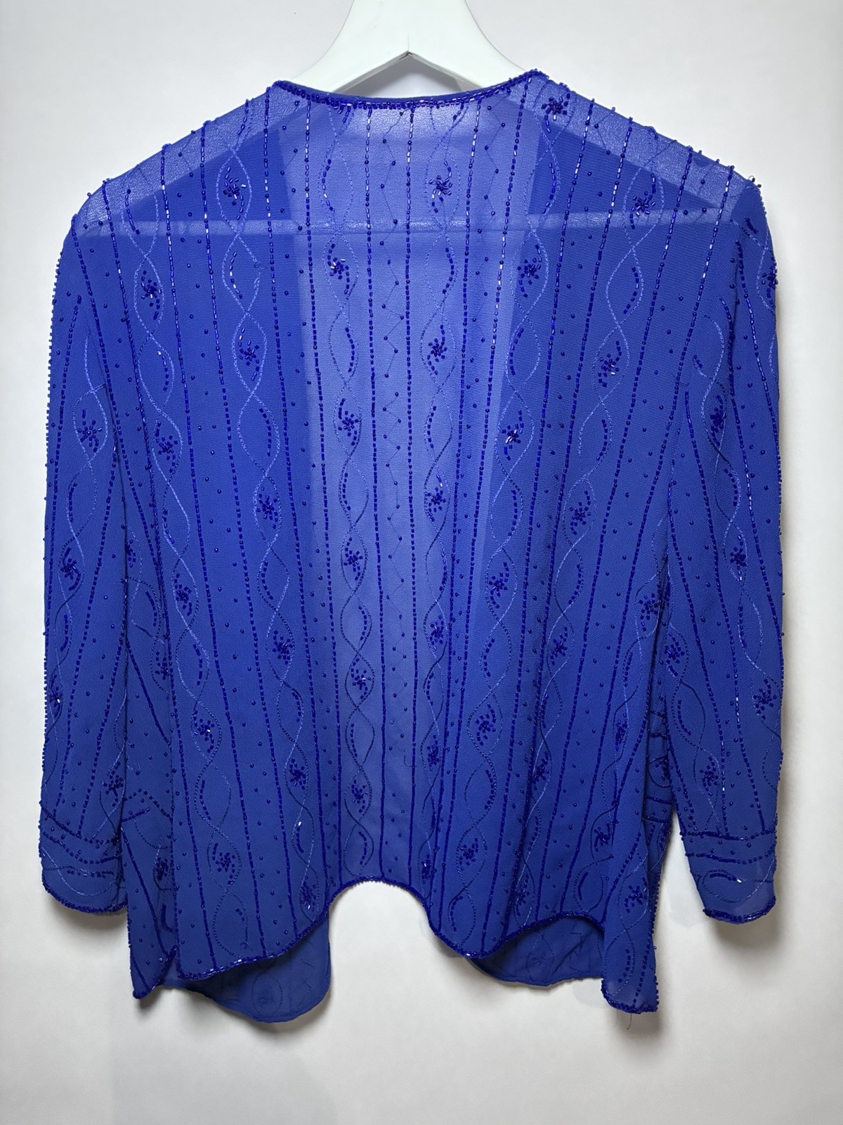Blue Sheer Beaded Sequin Embroidered V-Neck Open Front 3/4 Sleeve Shrug