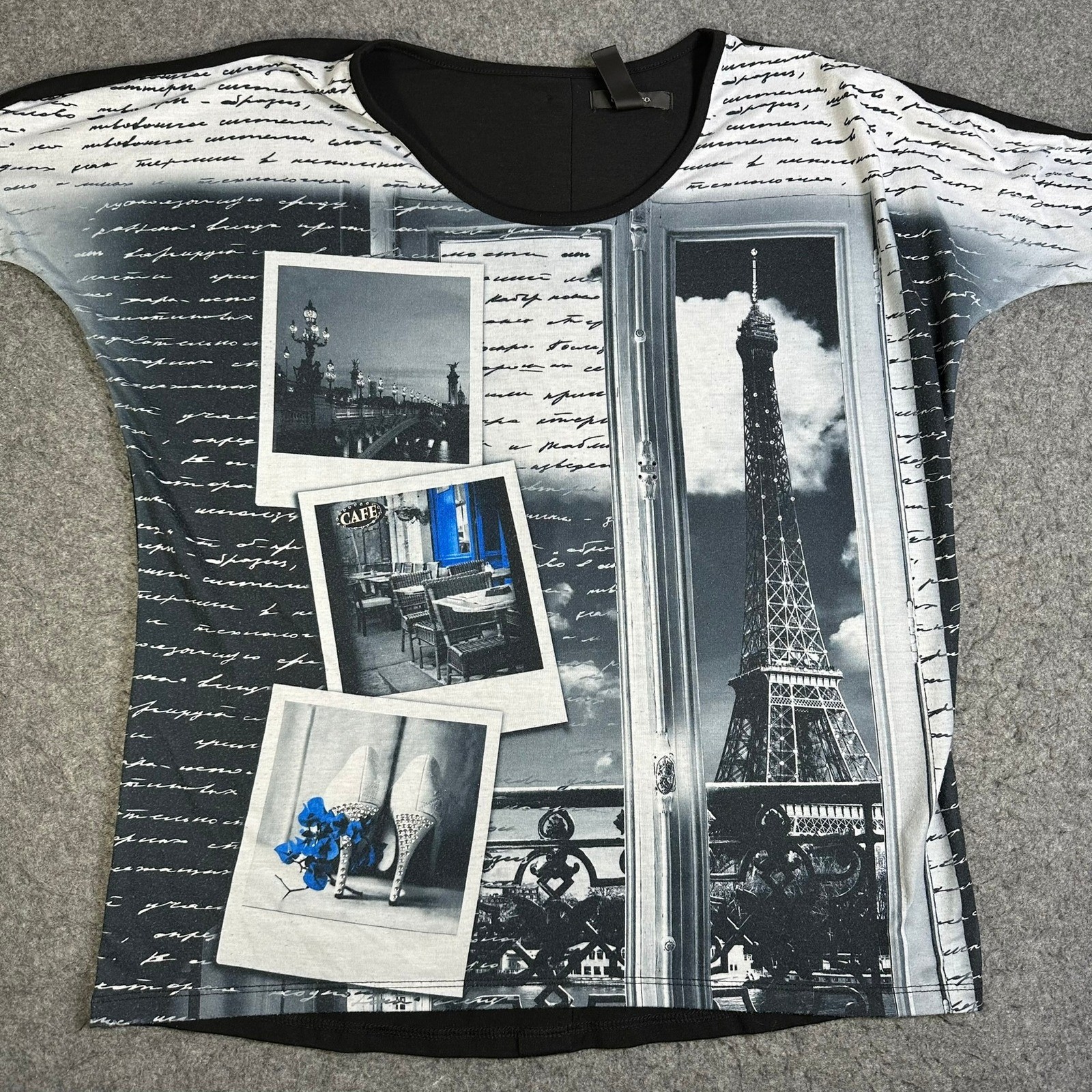 Style & Co Paris Eiffel Tower Graphic Top Black White Script Short Sleeve Small