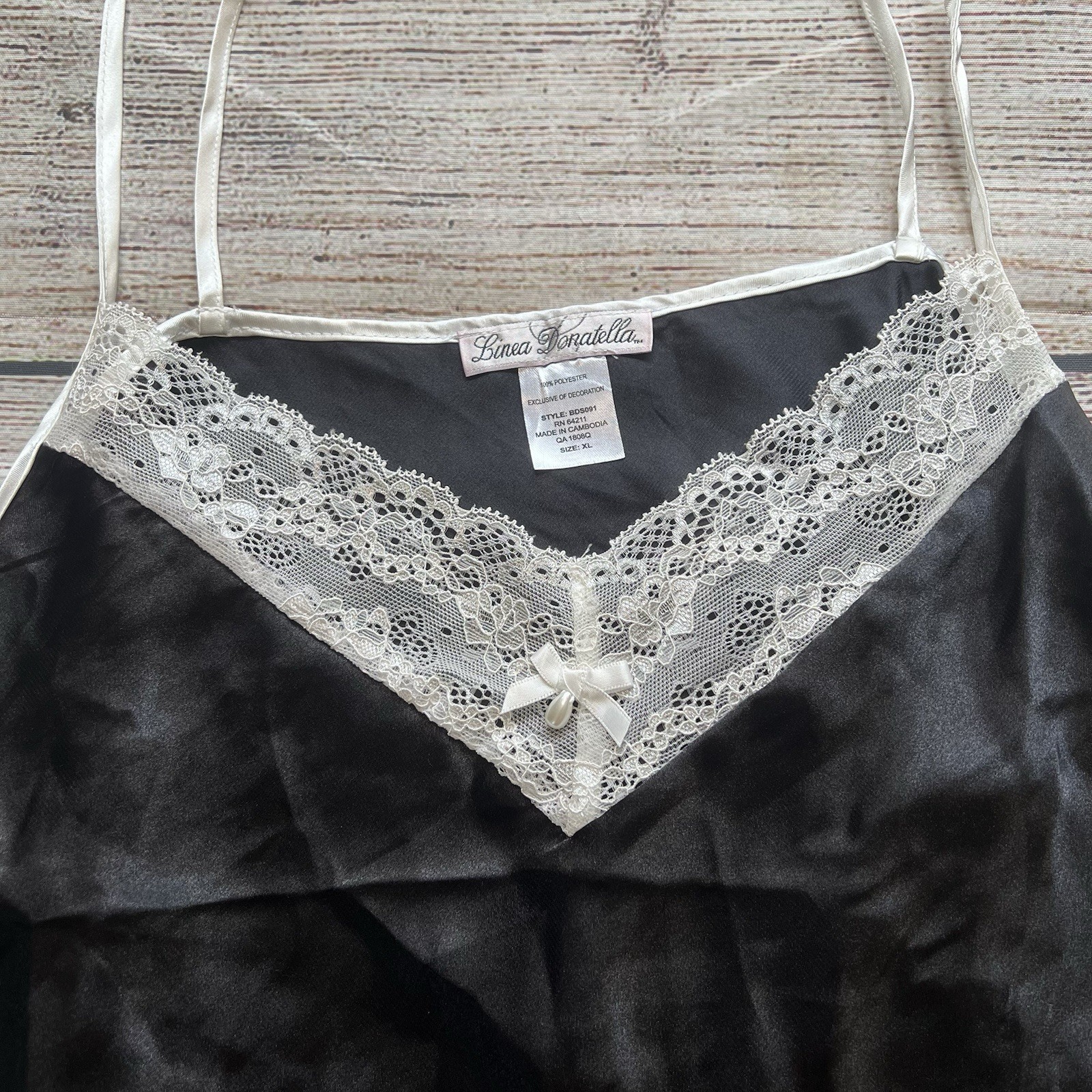 Linea Donatella Satin Lace Babydoll Top Black Camisole Womens XL Pearls Fairy