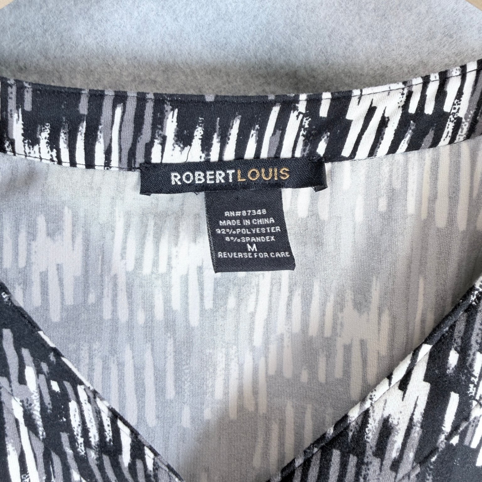 Robert Louis Womens Blouse Black White Patterned Top Medium Roll Tab Sleeve