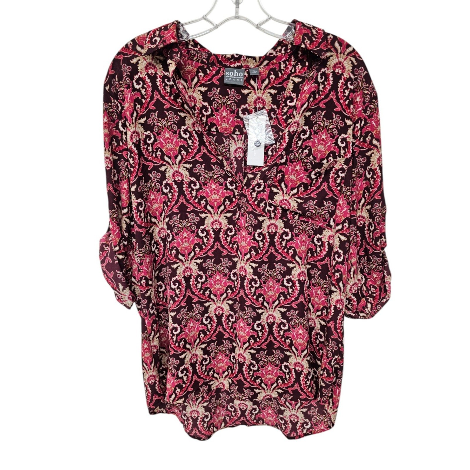NWT Soho New York & Company Size L Burgundy Print Popover Top Blouse Deep V