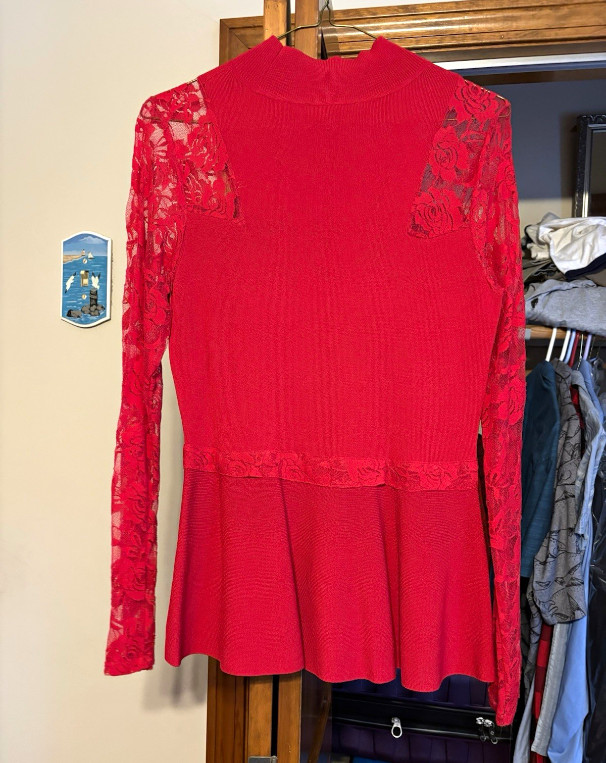 INC International Concepts Red Mock Neck Knit Top Lace Long Sleeves Stretch M