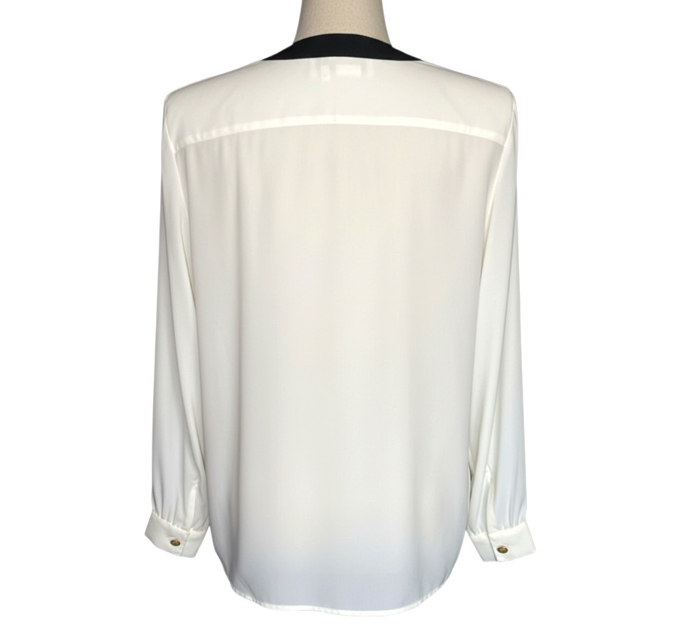 VTG La Chine Classic IVORY PLEATED TOP BLOUSE Pussy Bow Gold Buttons Silky SZ 12