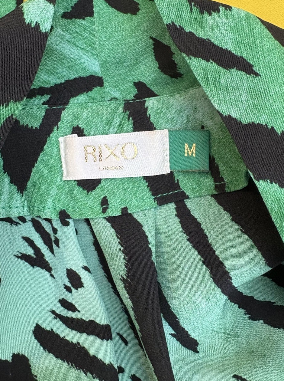 RIXO Moss Green Black Silk Blouse Size Medium Neck Tie Balloon Sleeve