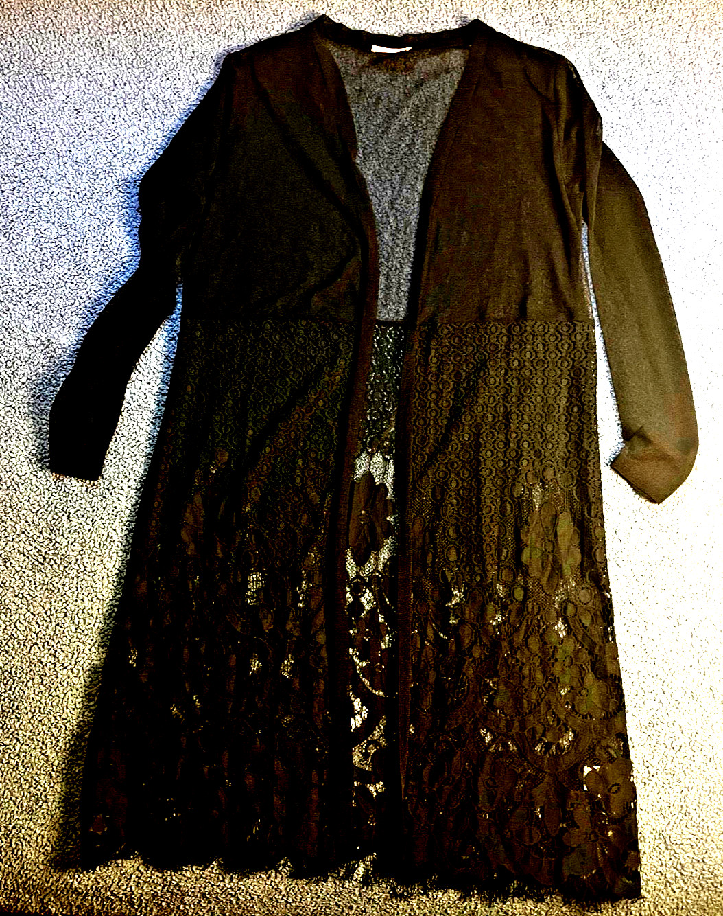 Ember Large Black Sheer Lace Open Front Kimono Cardigan Duster Gothic Witchy 40″