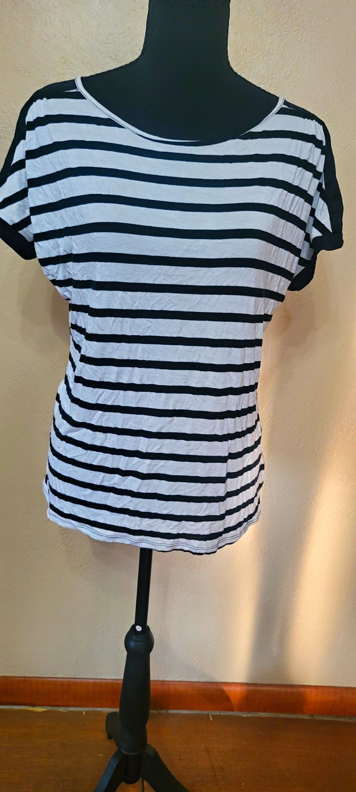 Worthington Black White Striped Scoop Neck Dolman Sleeve Zip Back Top M