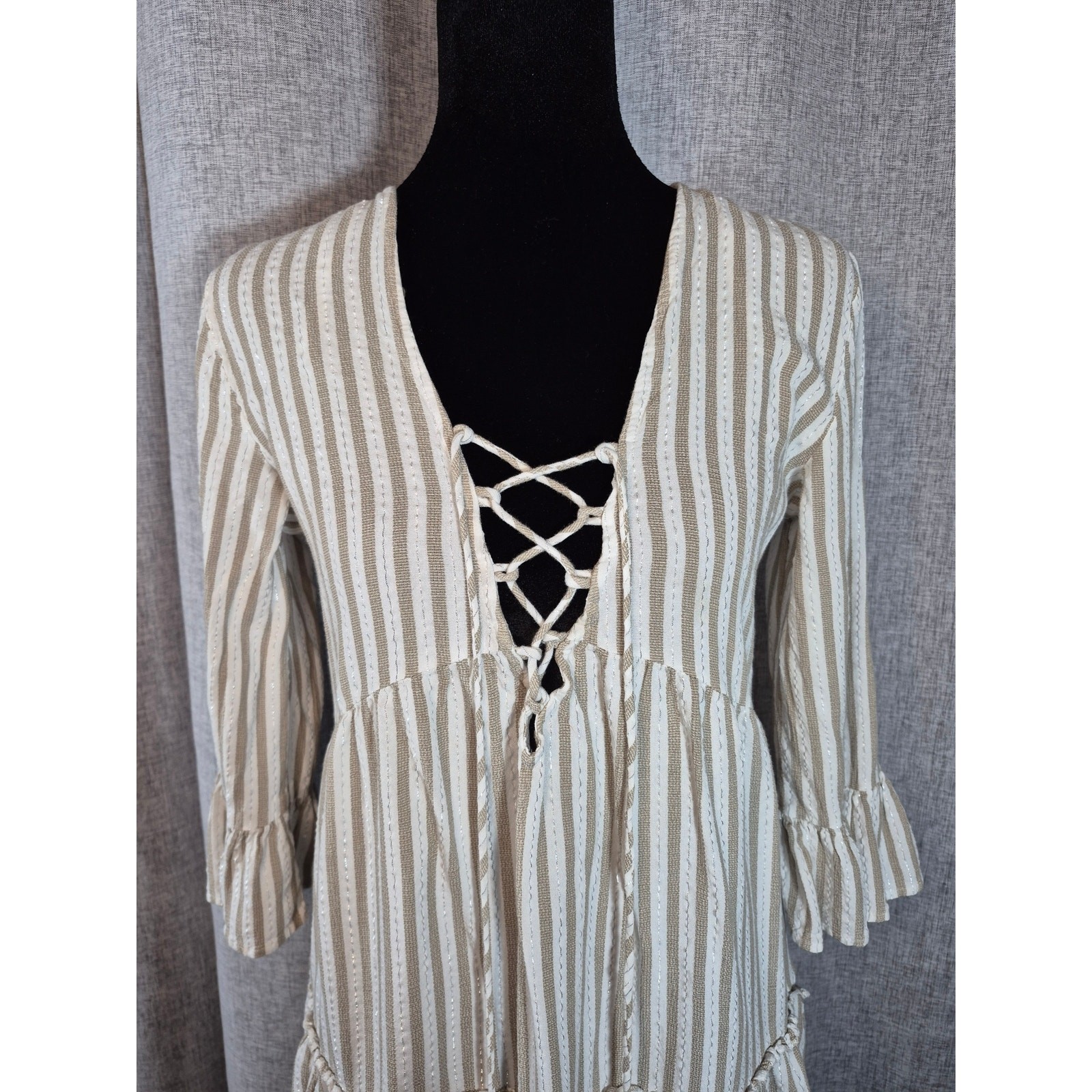Blue Island Boho Lace-Up Tassel Tunic Top XS Cream Tan Striped Bell Sleeve