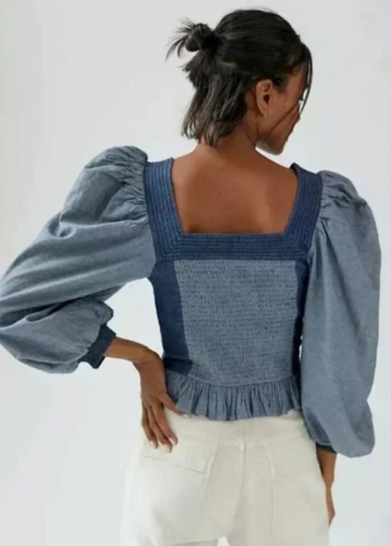 LOVE THE LABEL Smocked Puff Sleeve Chambray Chevron Top Blouse Saks S NWT $160