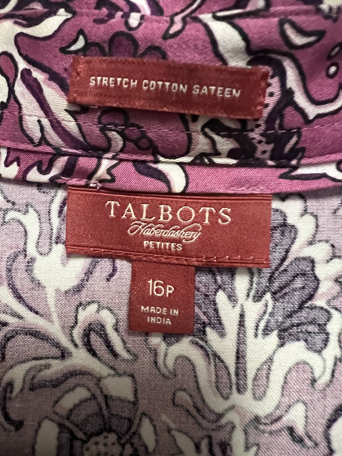 Talbots Womens Blouse 16P Button Down Pink Cotton Sateen Floral Long Sleeve Top