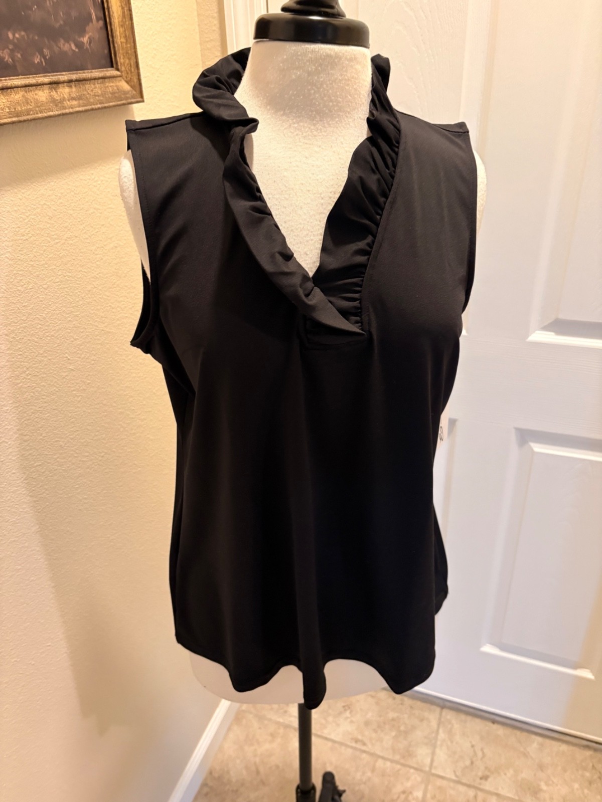 Lulu B Solid Sleeveless Ruffle Neck Blouse in Black Sz XL UPF 50+ Cooling Effect