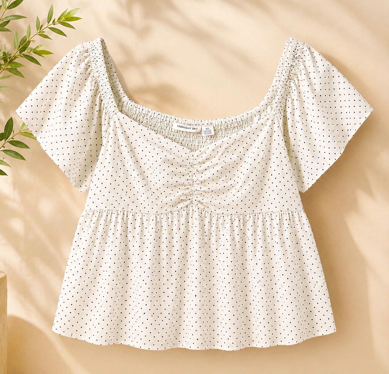 Midnight Sky XL Polka Dot Blouse Square Neck Smocked Peplum Puff Sleeve 11422