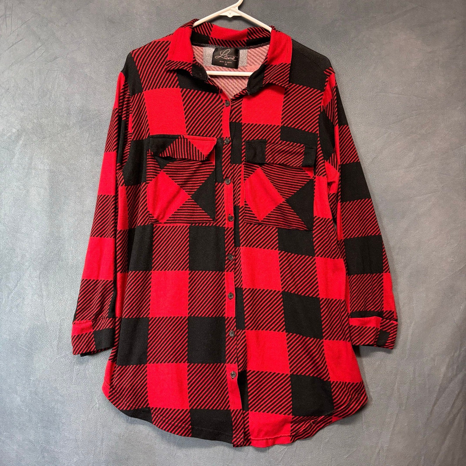 Maternity Love Buffalo Plaid Button Shirt 1X Red Black Tunic Long Comfy