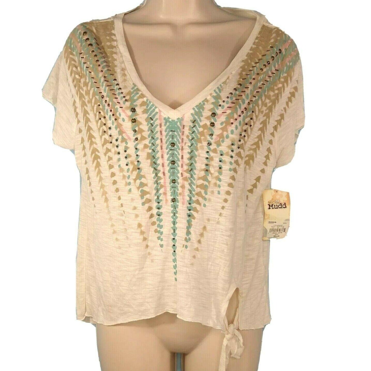 Mudd V-neck Top T-Shirt Beaded Women Size S Cream Multicolor Short Sleeve NEW