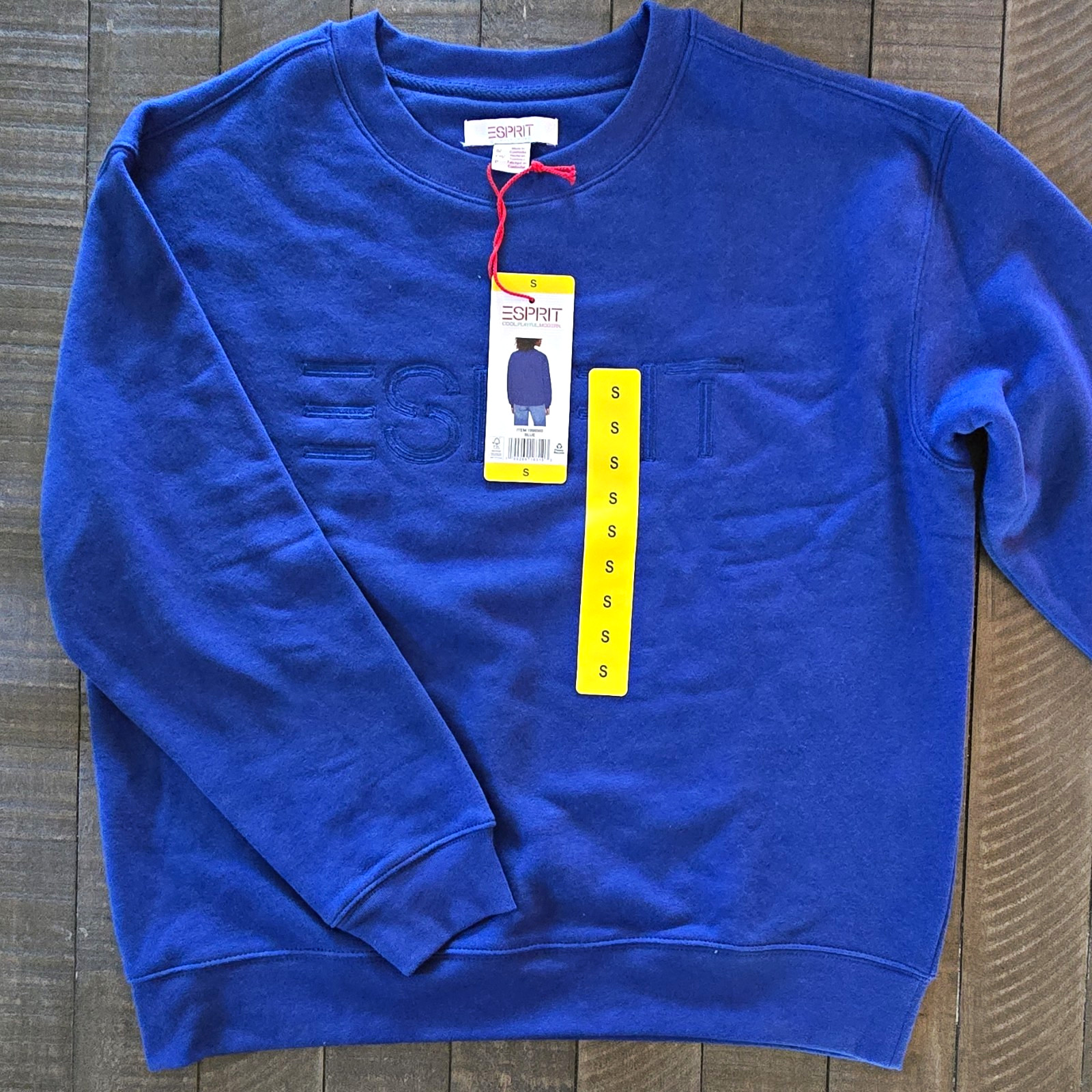 ESPRIT Women’s Blue Crew Neck Sweatshirt Embroidered Logo Fleece Pockets S