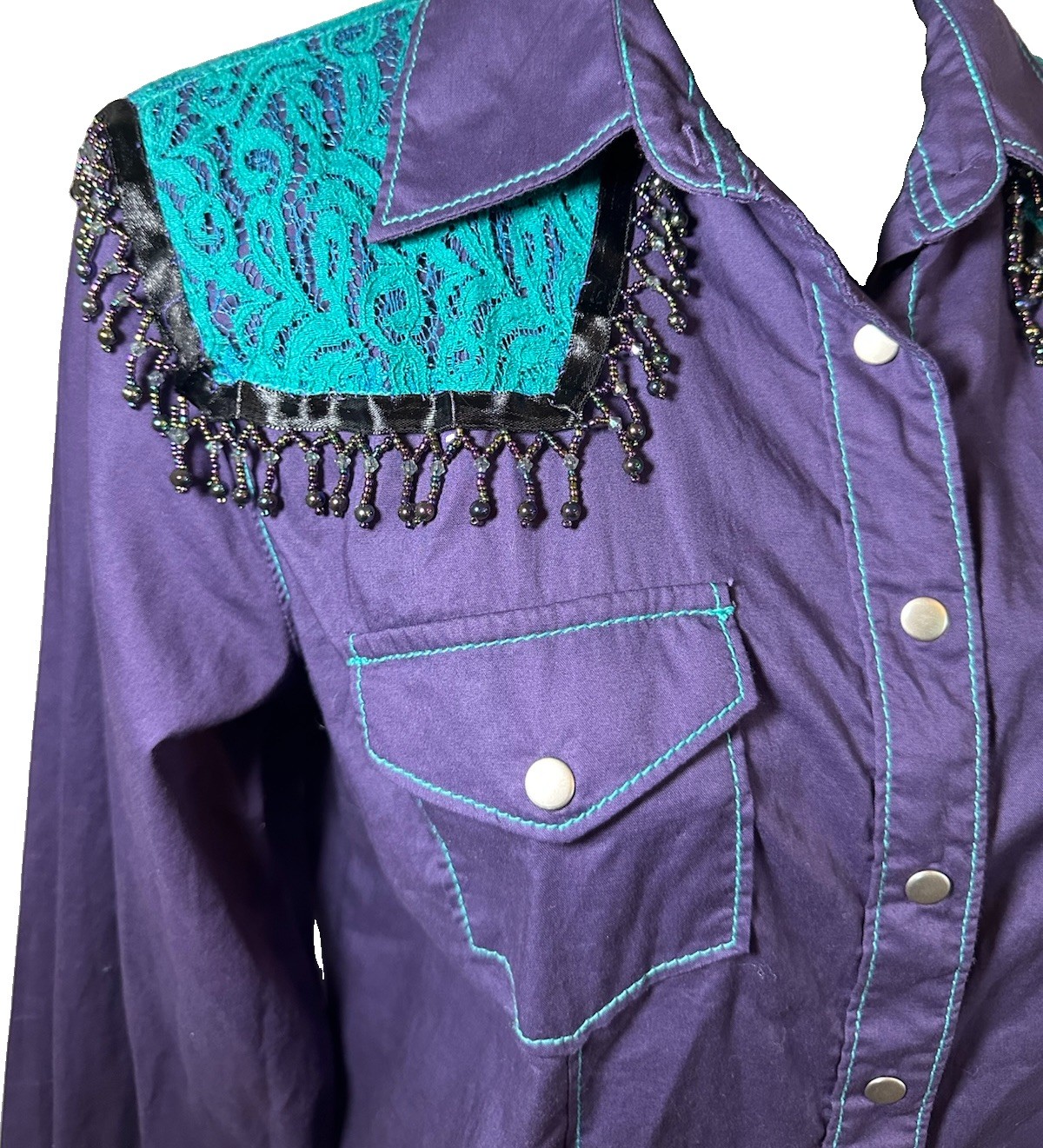 Cruel Women’s LARGE Purple Snap Button Western Shirt Teal Lace Beading Fringe