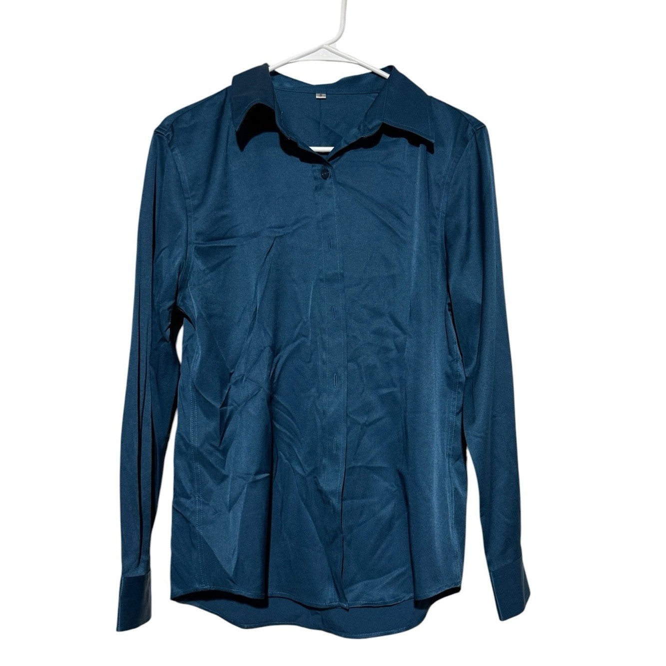 Kingfisher Blue Button Up Shirt Blouse Women Size Small Stretch Satin Sheen