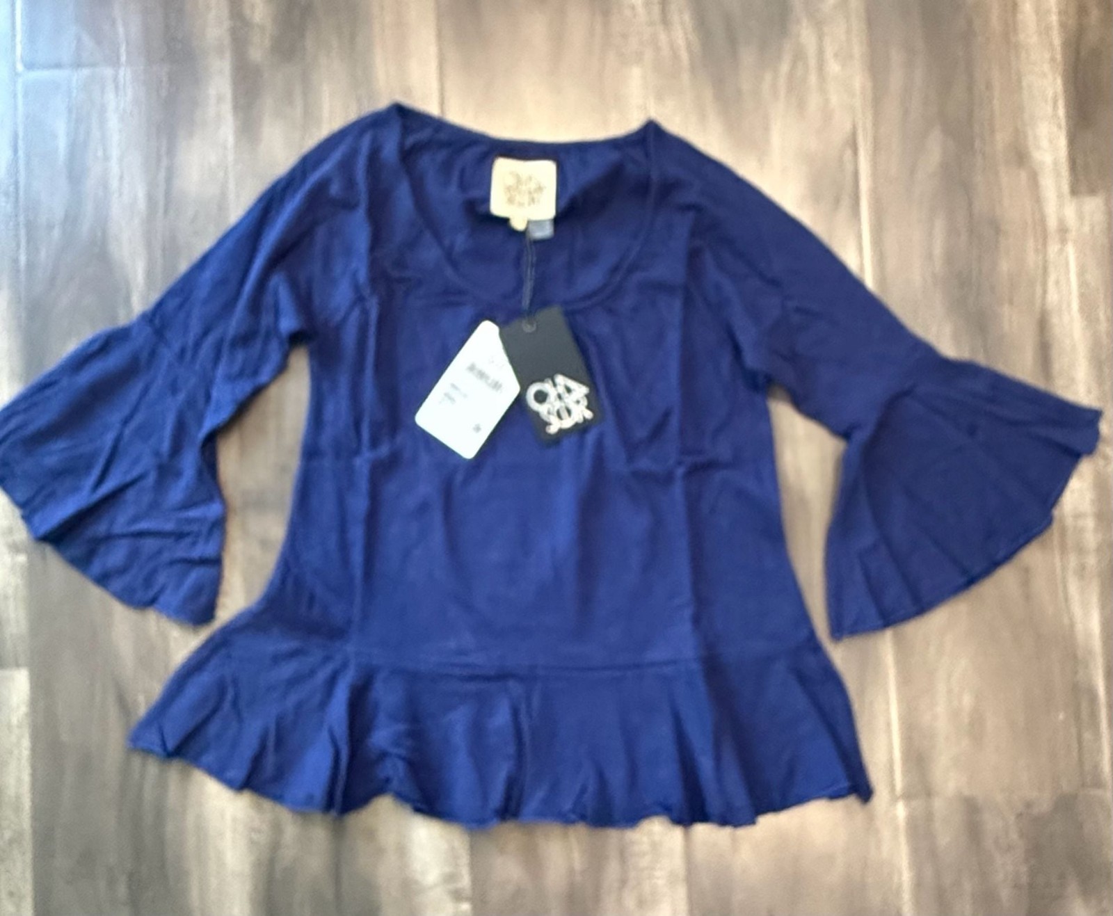 Chaser Blue Sailboat Bell Sleeve Ruffle Peplum Top Size S New With Tags