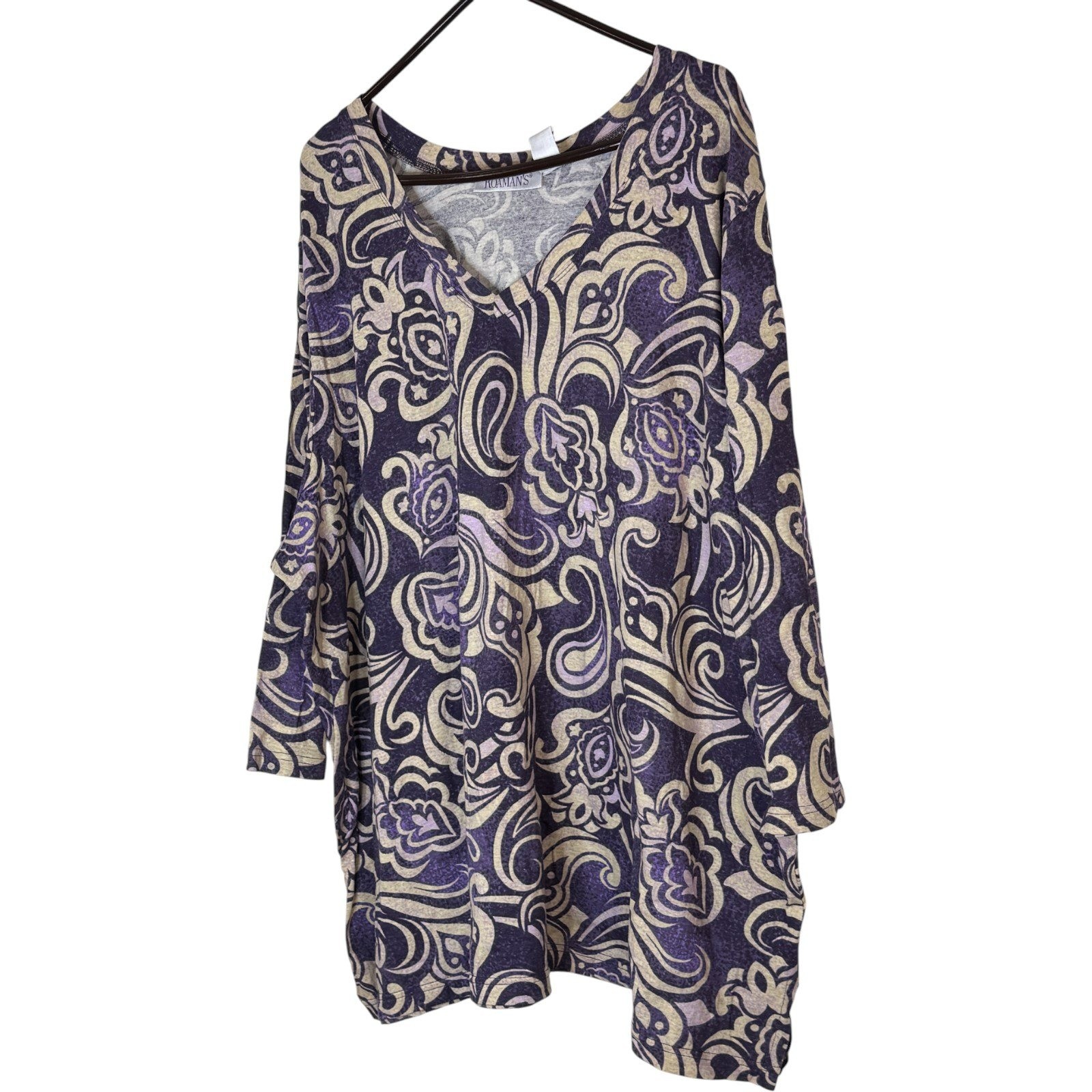 d&co Signature Womens Long Sleeve V Neck Paisley Print Tunic Top Purple Tan M