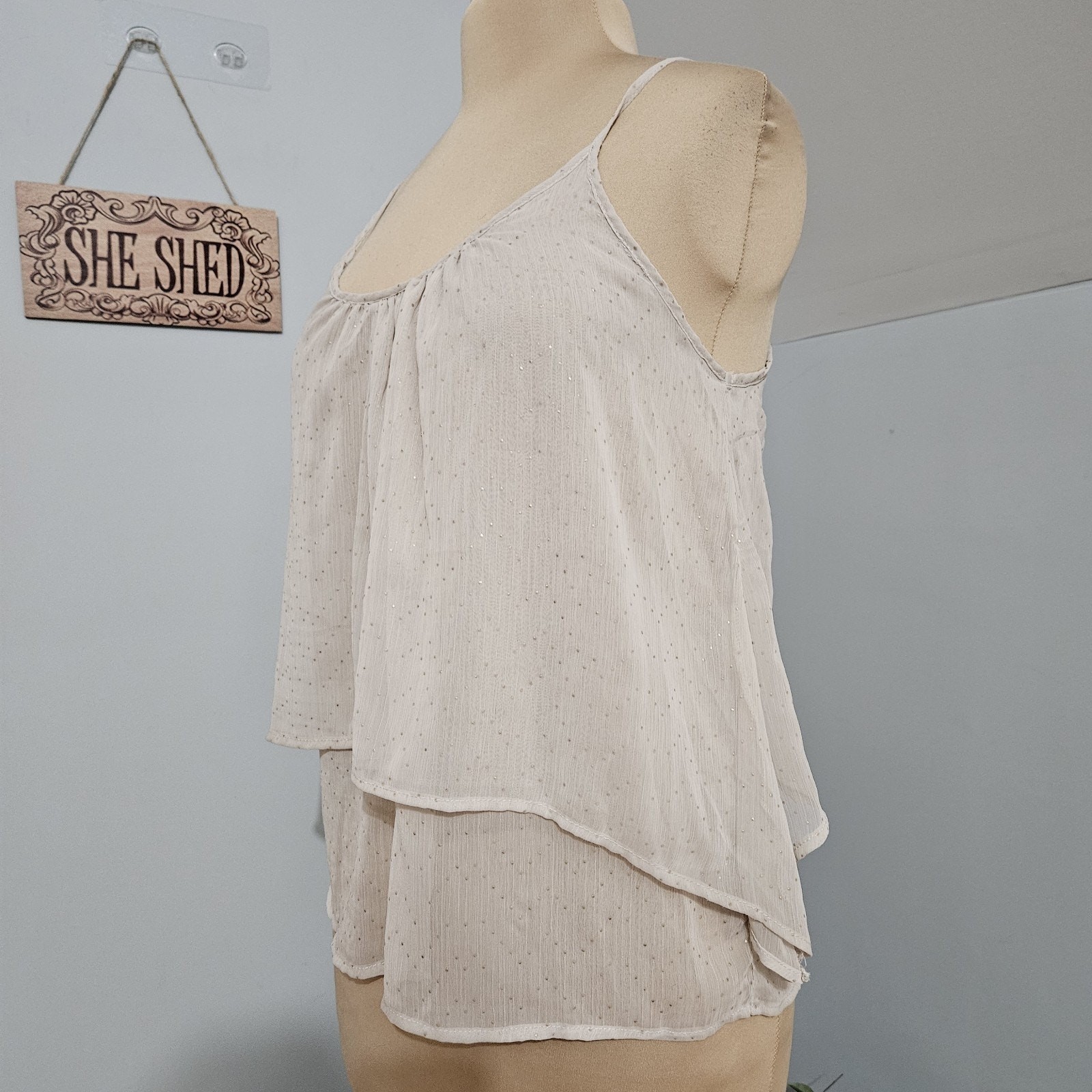 Xhilaration Tank Top Cream Gold Polka Dot Sheer Tiered Layer Fairy Y2K Flouncy