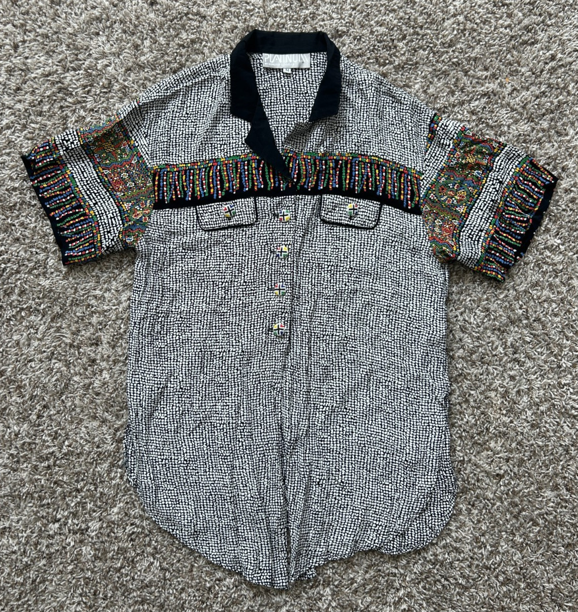 Dorothy Schoelen Platinum Beaded Button-Up Top Colorful 80s 90s Abstract Spotted