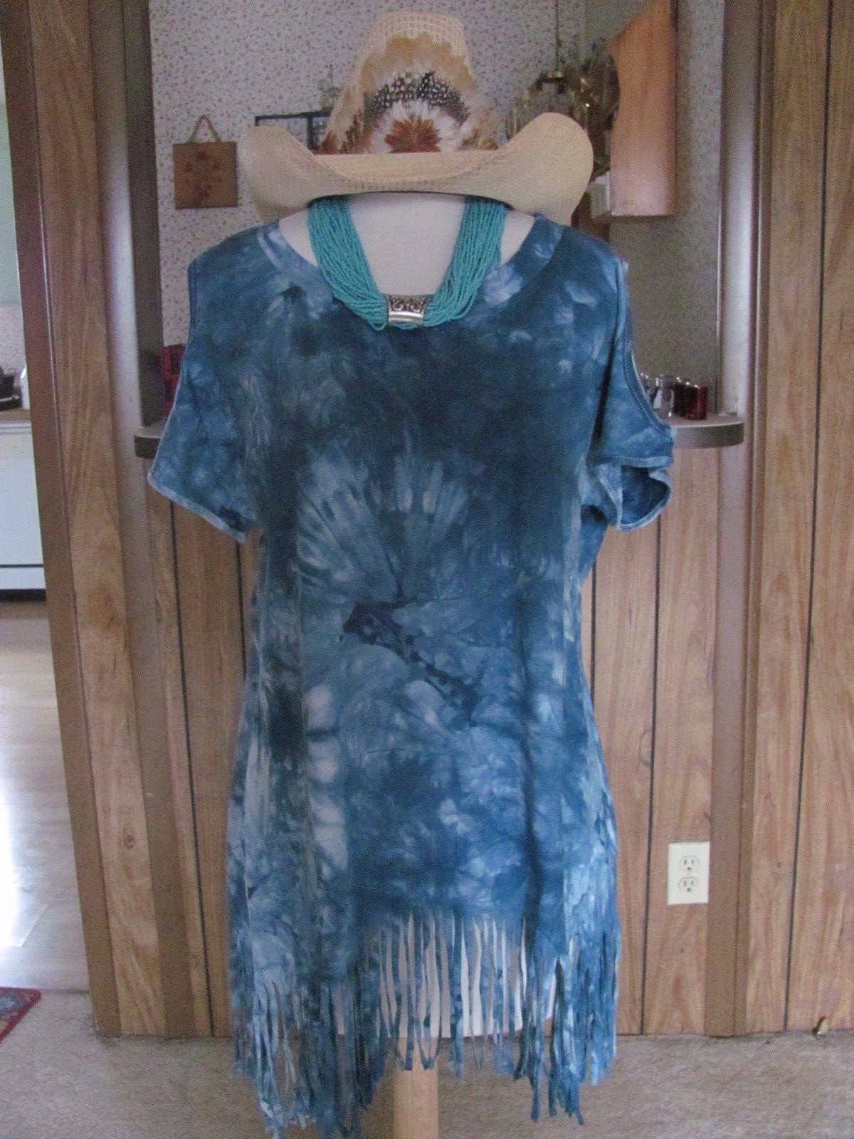 L-Love Ladies Cut-out shoulder tie dye top with fringe Tunic/Teal Cotton/Spande