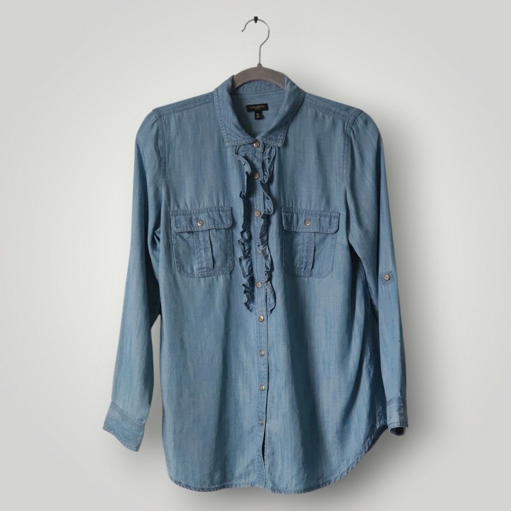 Talbots Petite MP Ruffle Front Chambray Shirt 100% Lyocell Tencel Coastal Grandm
