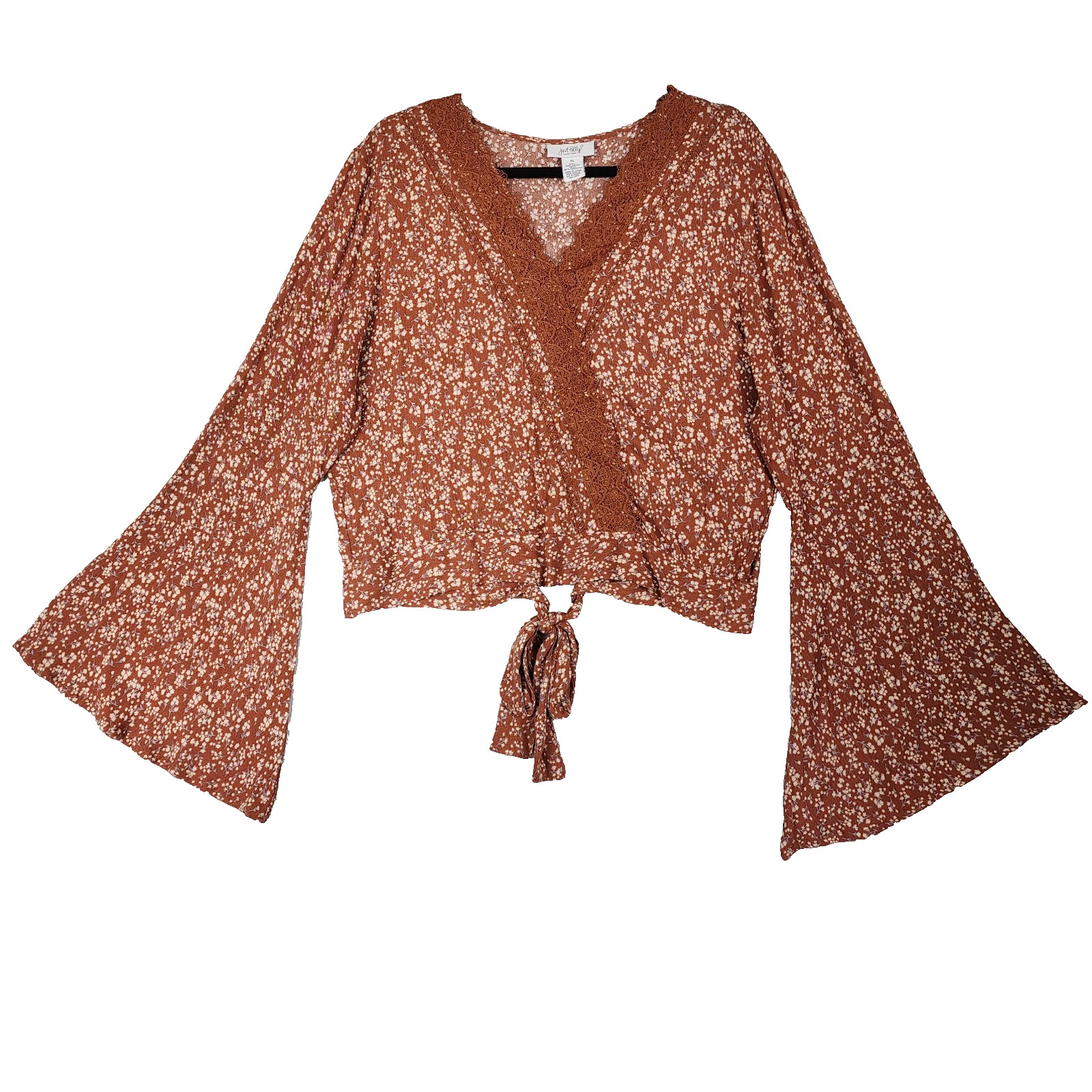 Just Polly New York Crop Top XL Rust Floral Bell Sleeve Wrap Tie Lace Trim Boho