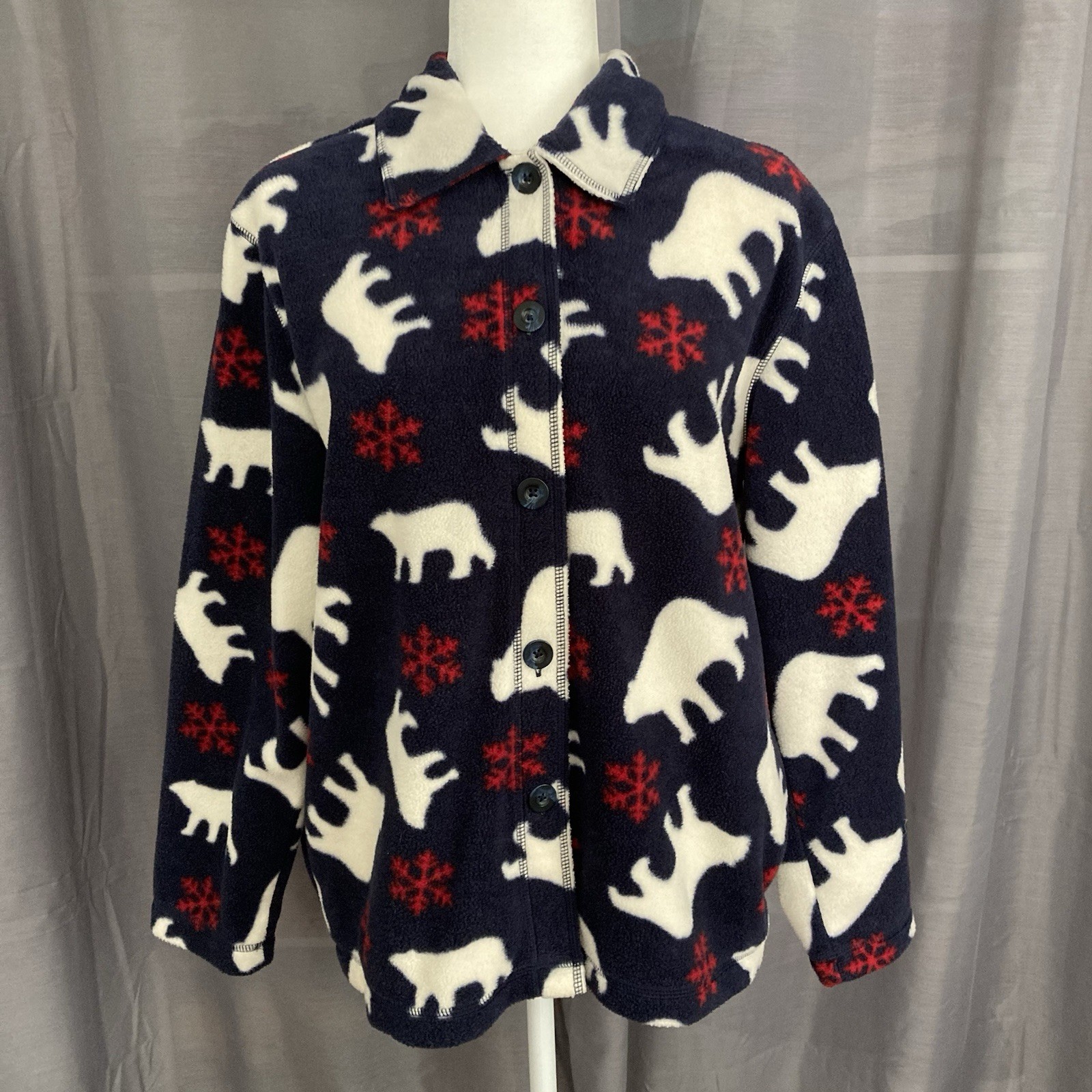 Cabin Creek Navy Polar Bear Snowflake Print Cozy Fleece Button Up Shirt Shacket