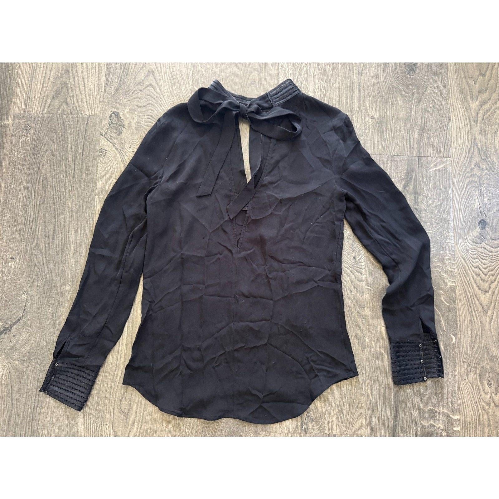 Veronica Beard Black Silk Bow Tie Back Choker V-Neck Sexy Chiffon Blouse Top 4