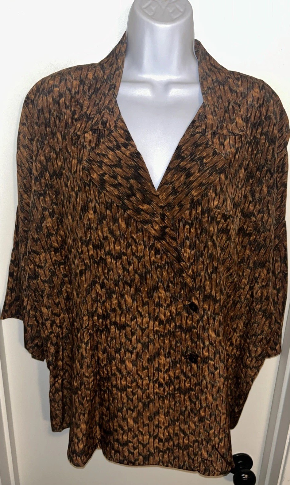 Vintage Linda Allard Ellen Tracy 100% Silk Button Up Blouse Multi Brown Black 14