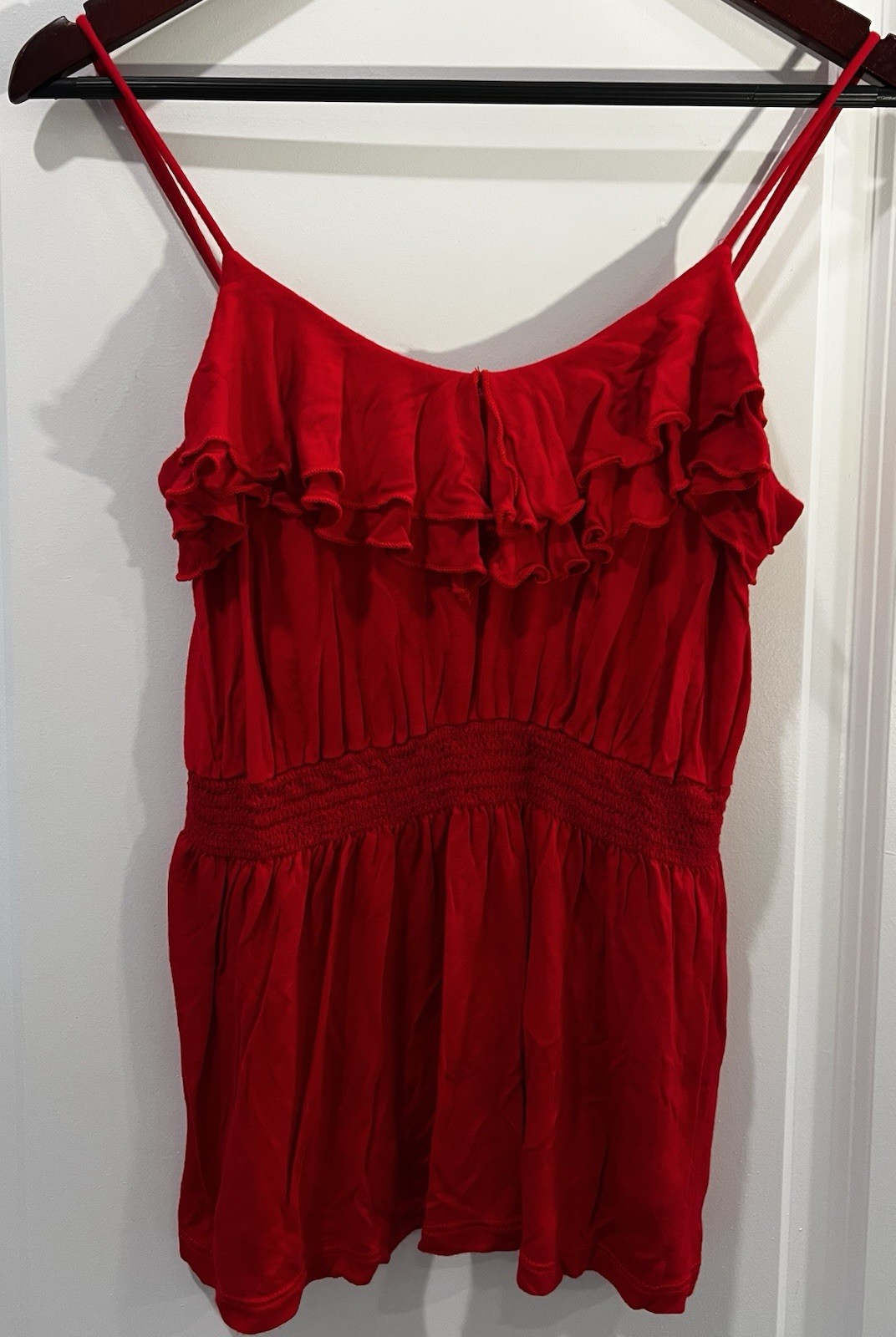 Ruffle Cami Smocked Elastic Waist Spaghetti Strap Size L