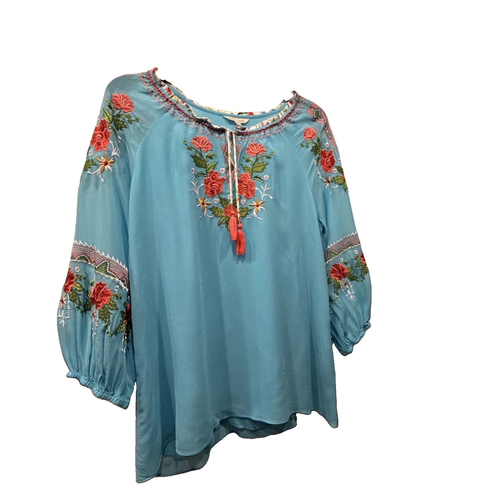 John Mark Blue Chiffon Floral Embroidered 3/4 Sheer Sleeve Notch V Neck Tunic L