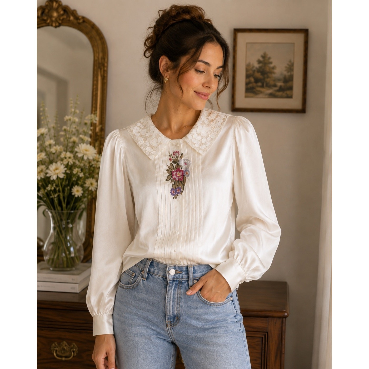 Vintage Nilani Ivory Satin Blouse Size 6 Lace Collar Floral Embroidered Romantic
