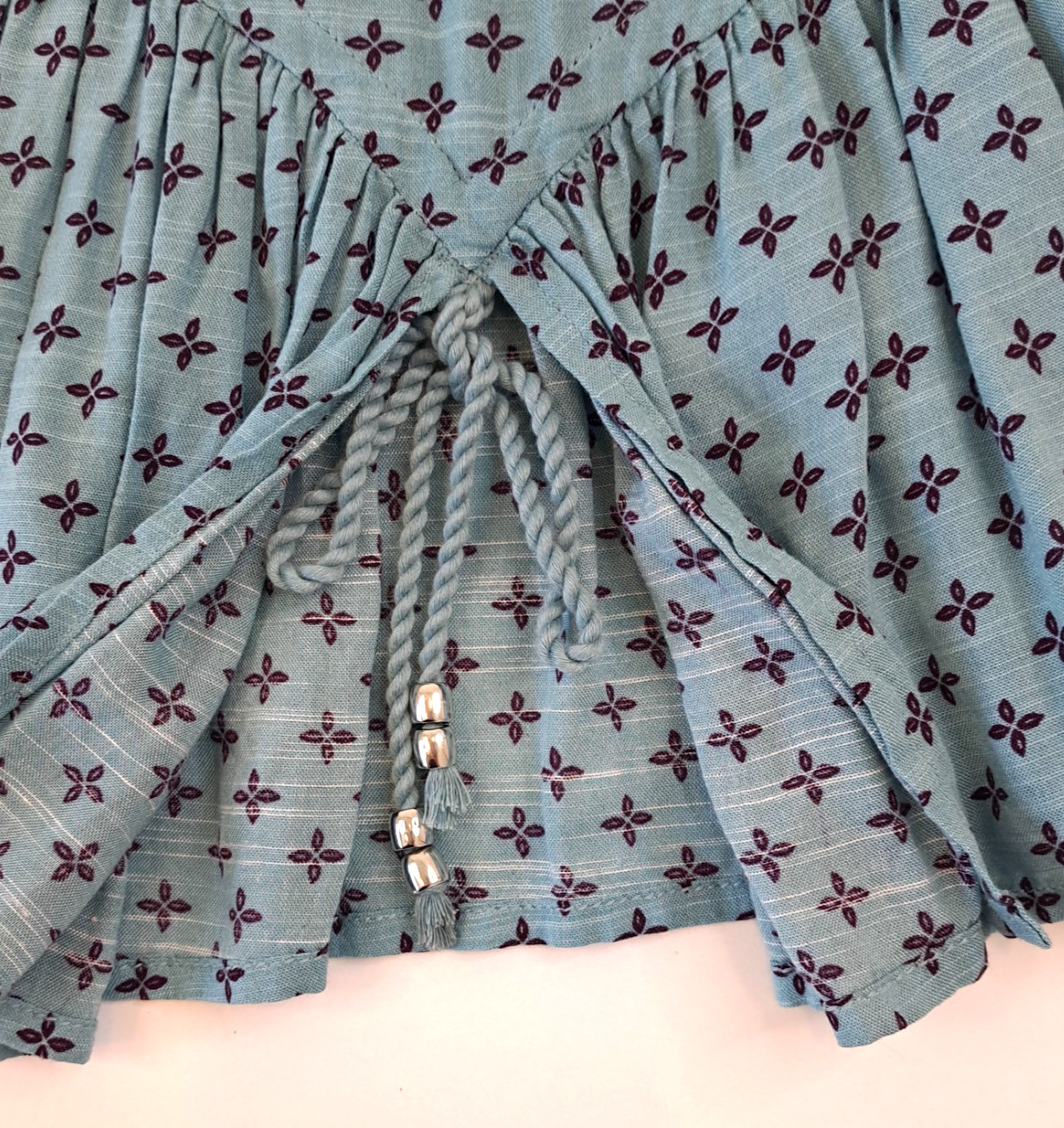 Peasant Top Women’s M Tassles Flared Cinched Sleeves Blue Geometric Cottage