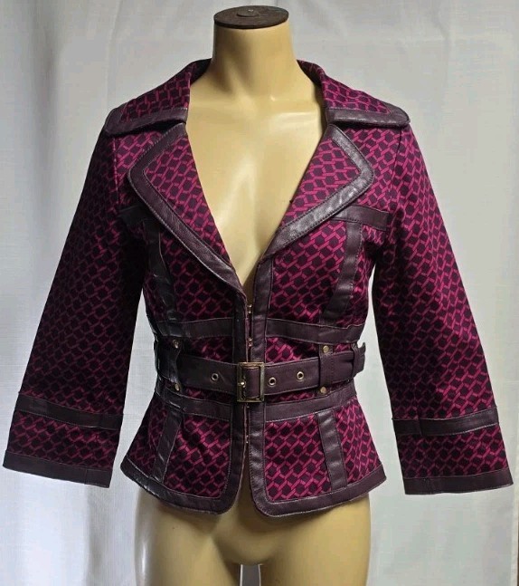 Vintage Y2K Women’s Purple Leather Cotton Belted Corset Blouse Top Jacket Sz S