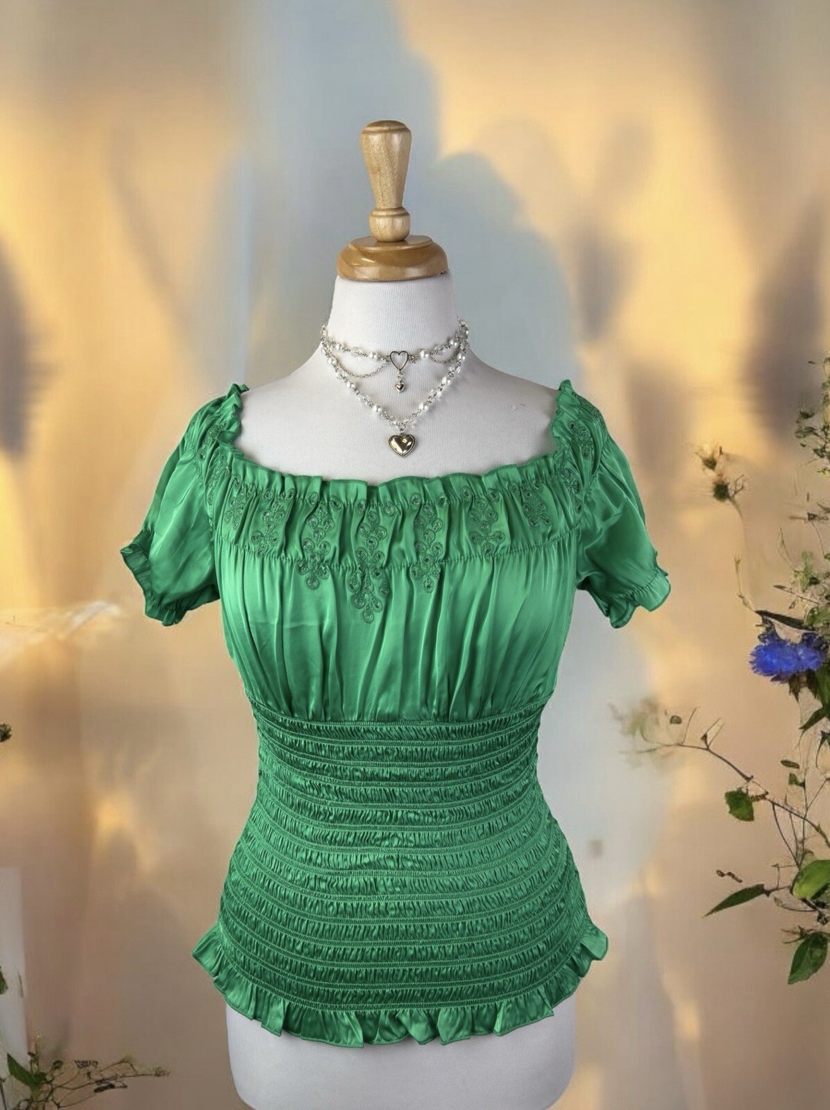 Emerald Green Ruched Satin Blouse Romantic Frilly Pretty Feminine Formal Y2K S