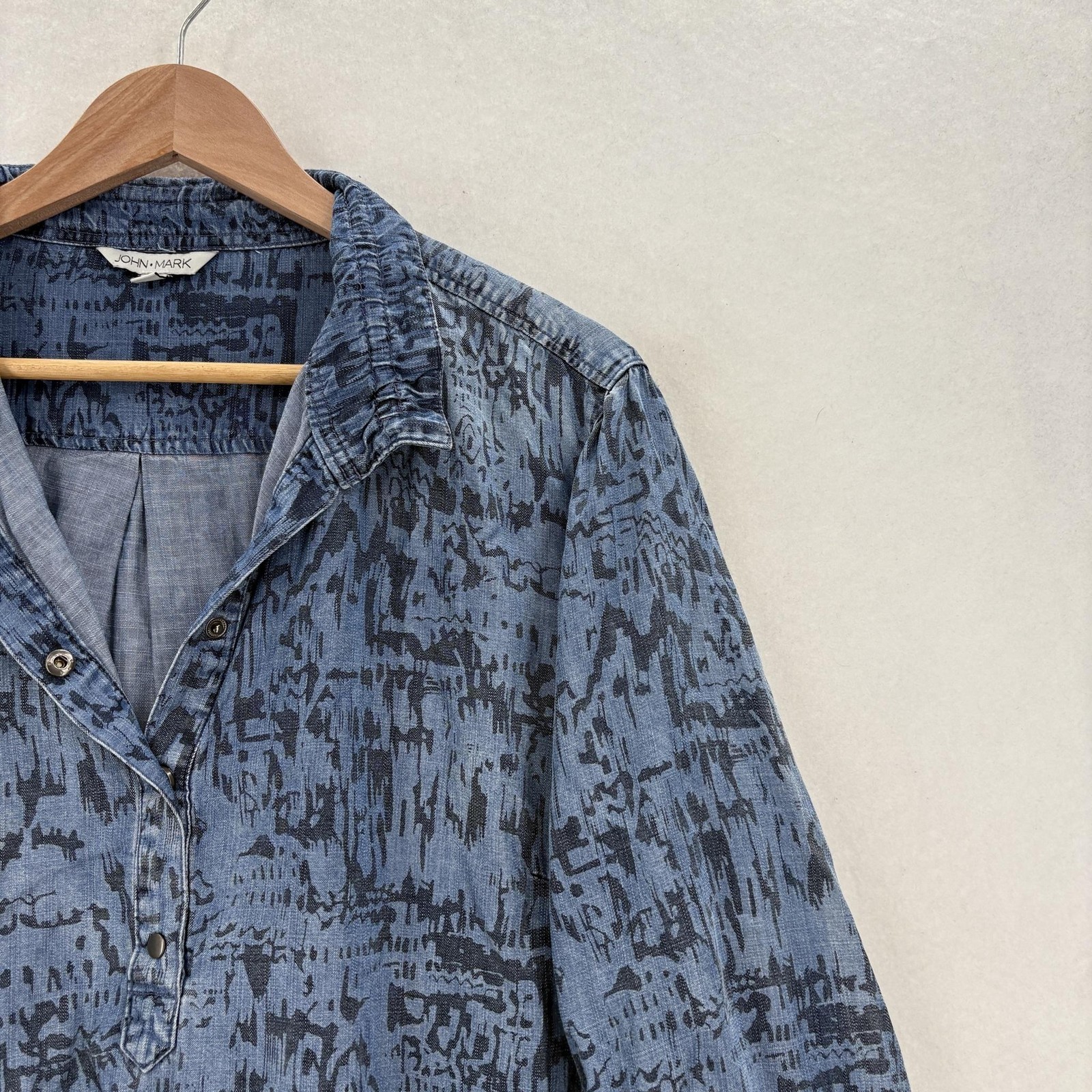 John Mark Blouse Womens Large Blue Lyocell Geometric Print Collared Tunic Top