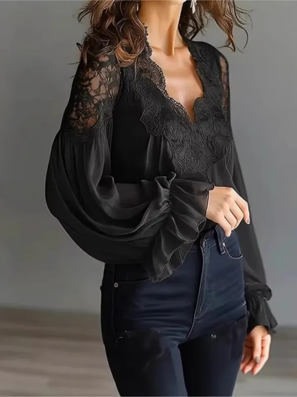 Blusa Mujer Color Sólido V-cuello Encaje Manga Farol Elegante Oficina