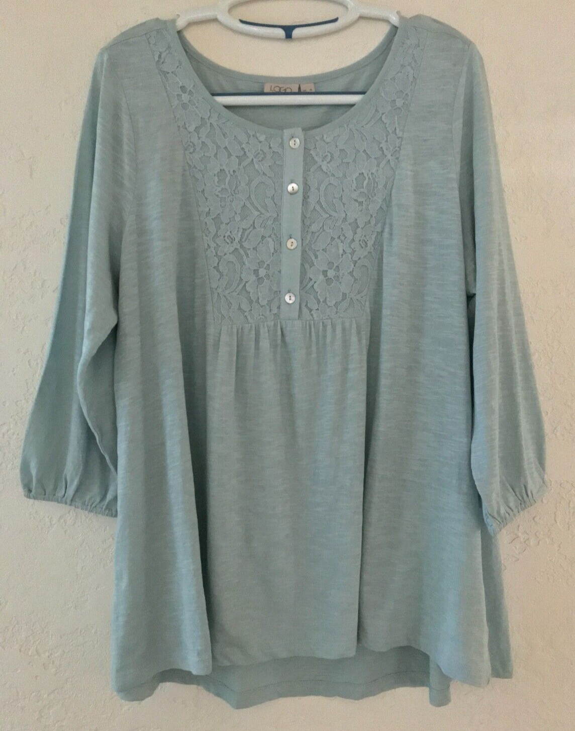 LOGO by Lori Goldstein Knit Top w/Button Front Lace Placket Peasant Boho
