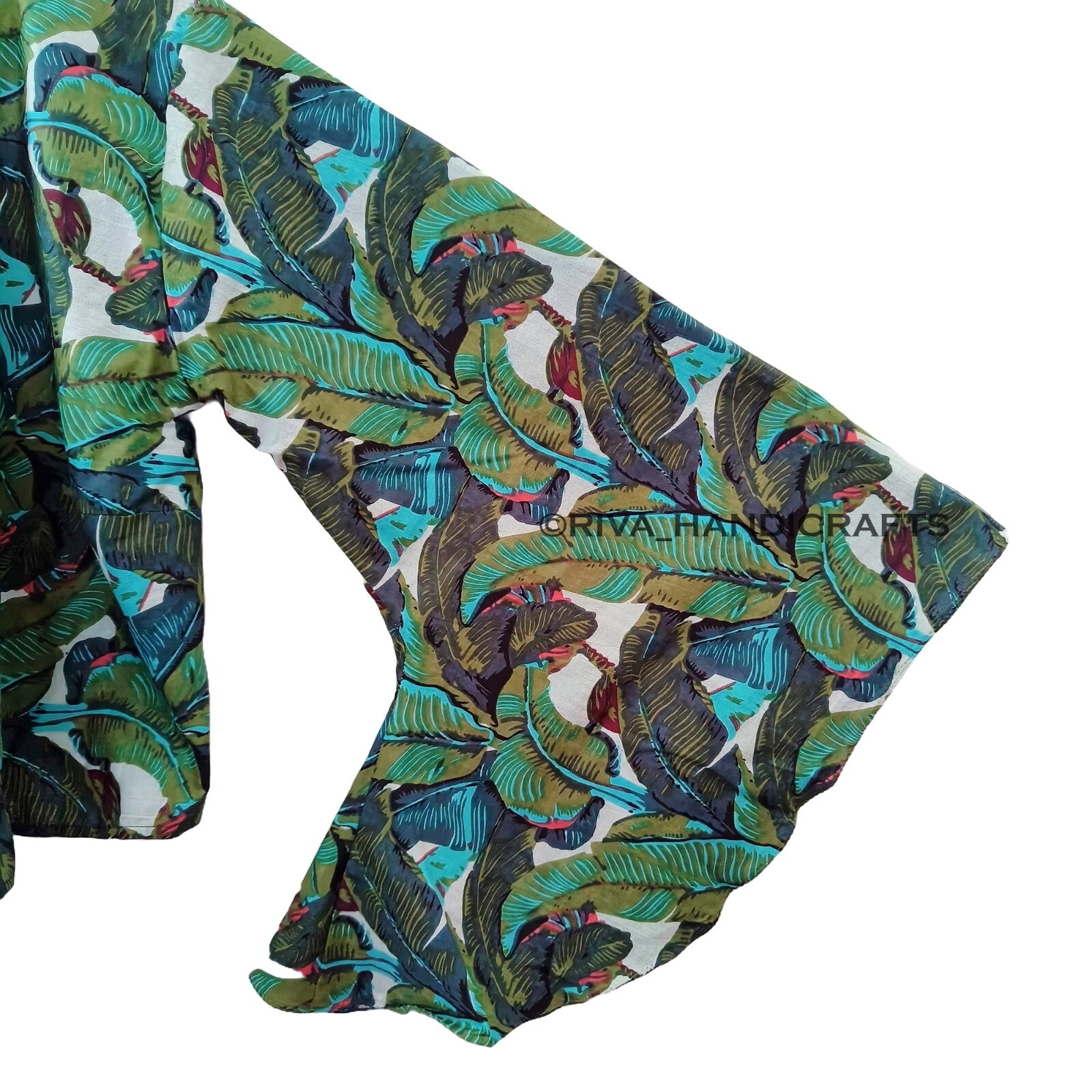 Indian Banana Leaf Cotton 70’s Retro Bell Sleeve Green Beach Cover up Crop top