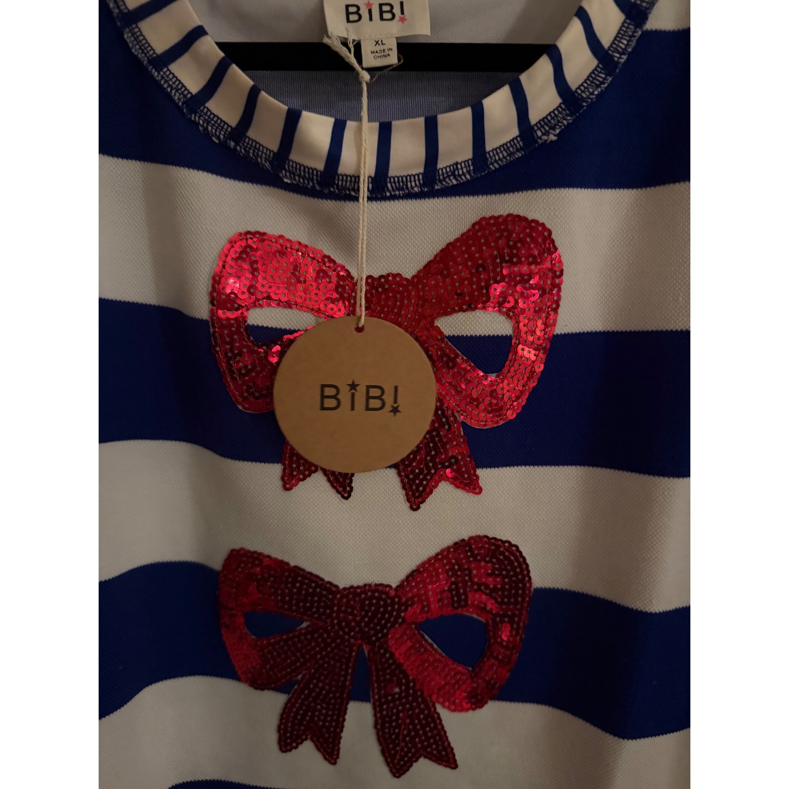 BiBi Womens XL Striped Sequin Bow Top Blue White Nautical Short Sleeve NWT
