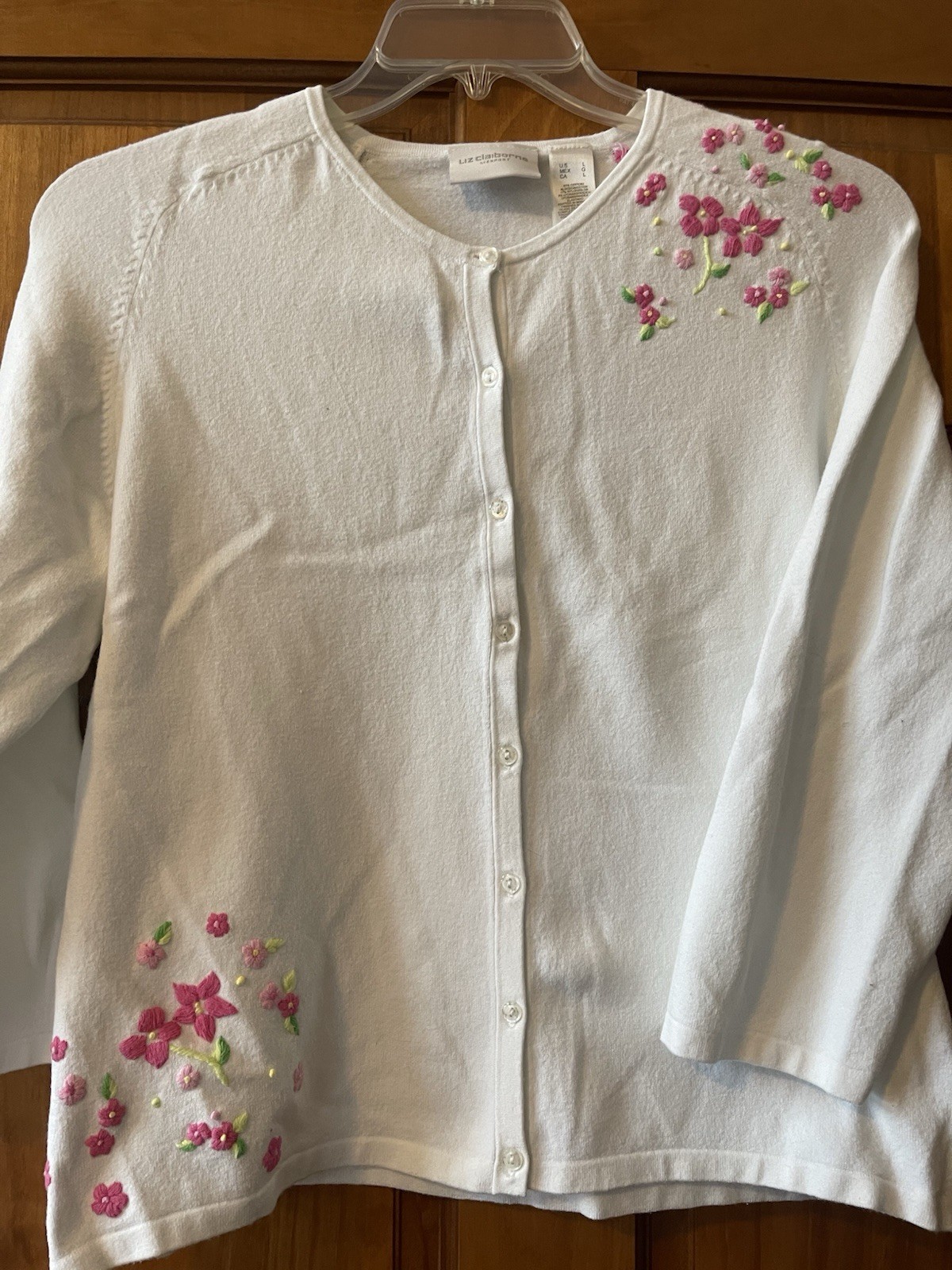 LIZ CLAIBORNE L WHITE AND PINK EMBROIDERED CARDIGAN SWEATER SHARP